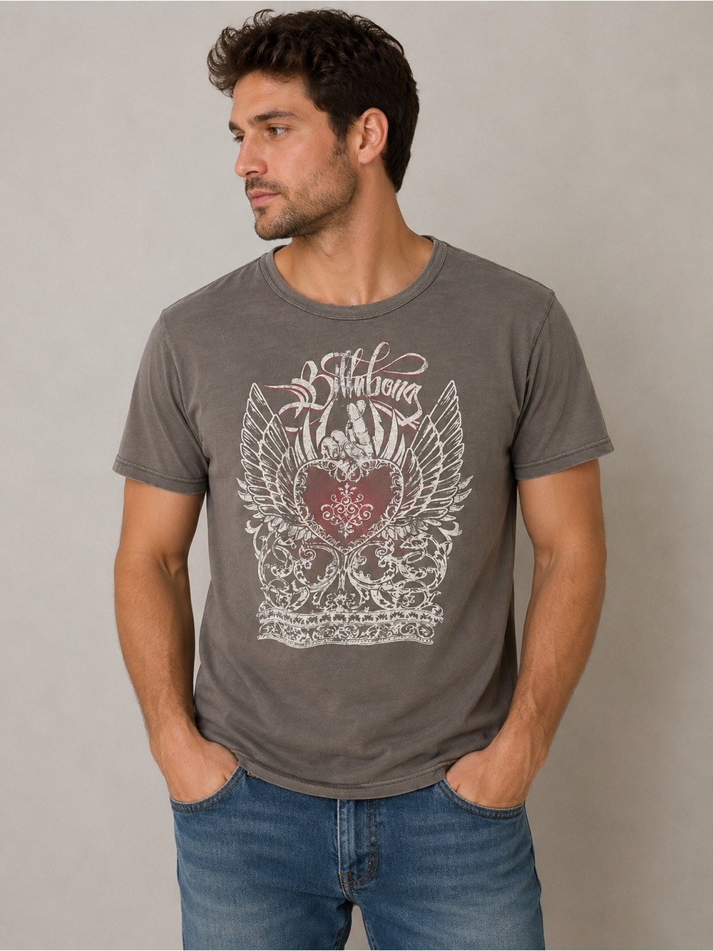 Billabong Men’s Graphic T-Shirt | Medium | Gray | 100% Cotton | Made in USA